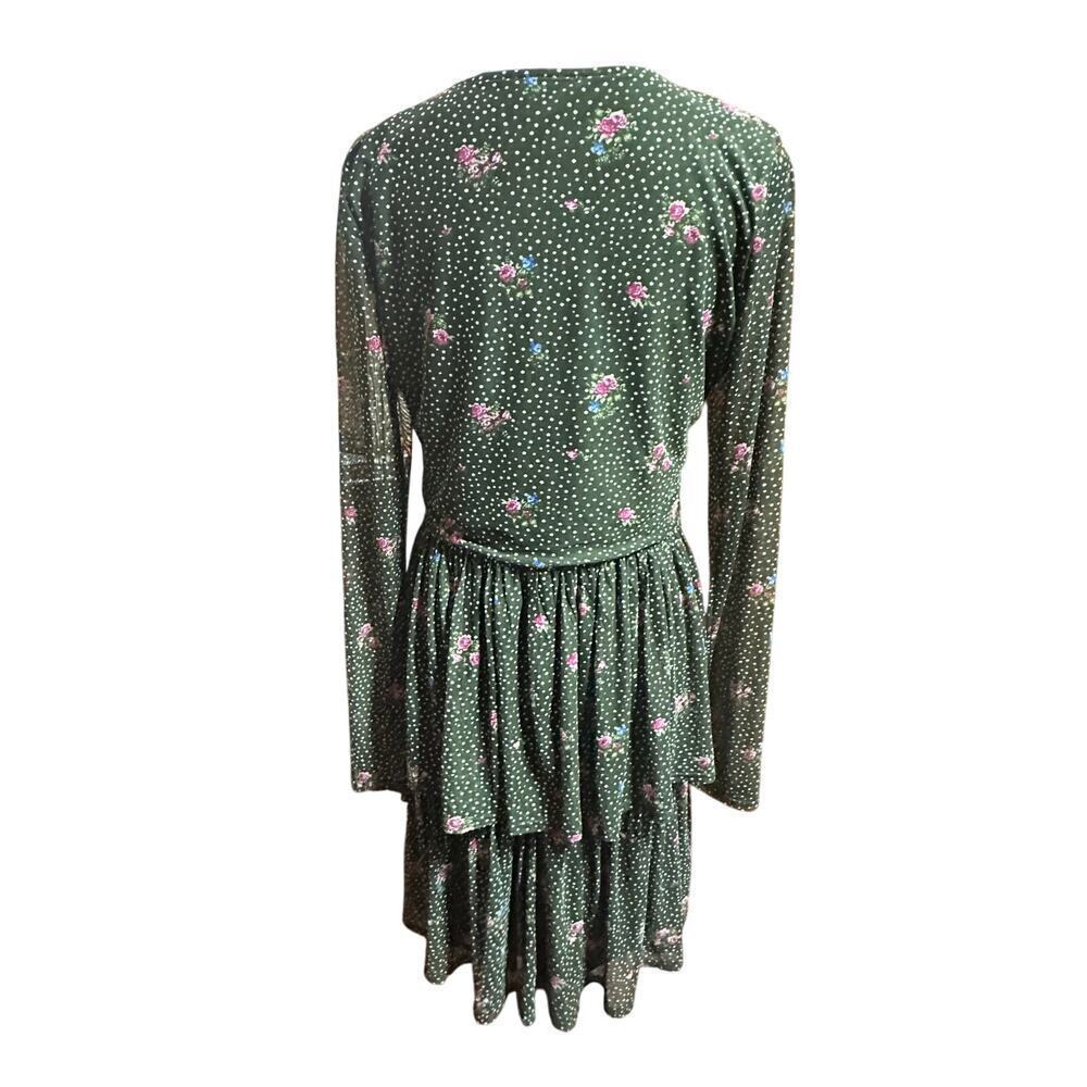 AVLN Studio Green Floral Tiered Dress Sheer Long Sleeve Fairy Forest Whimsical L - Picture 3 of 12